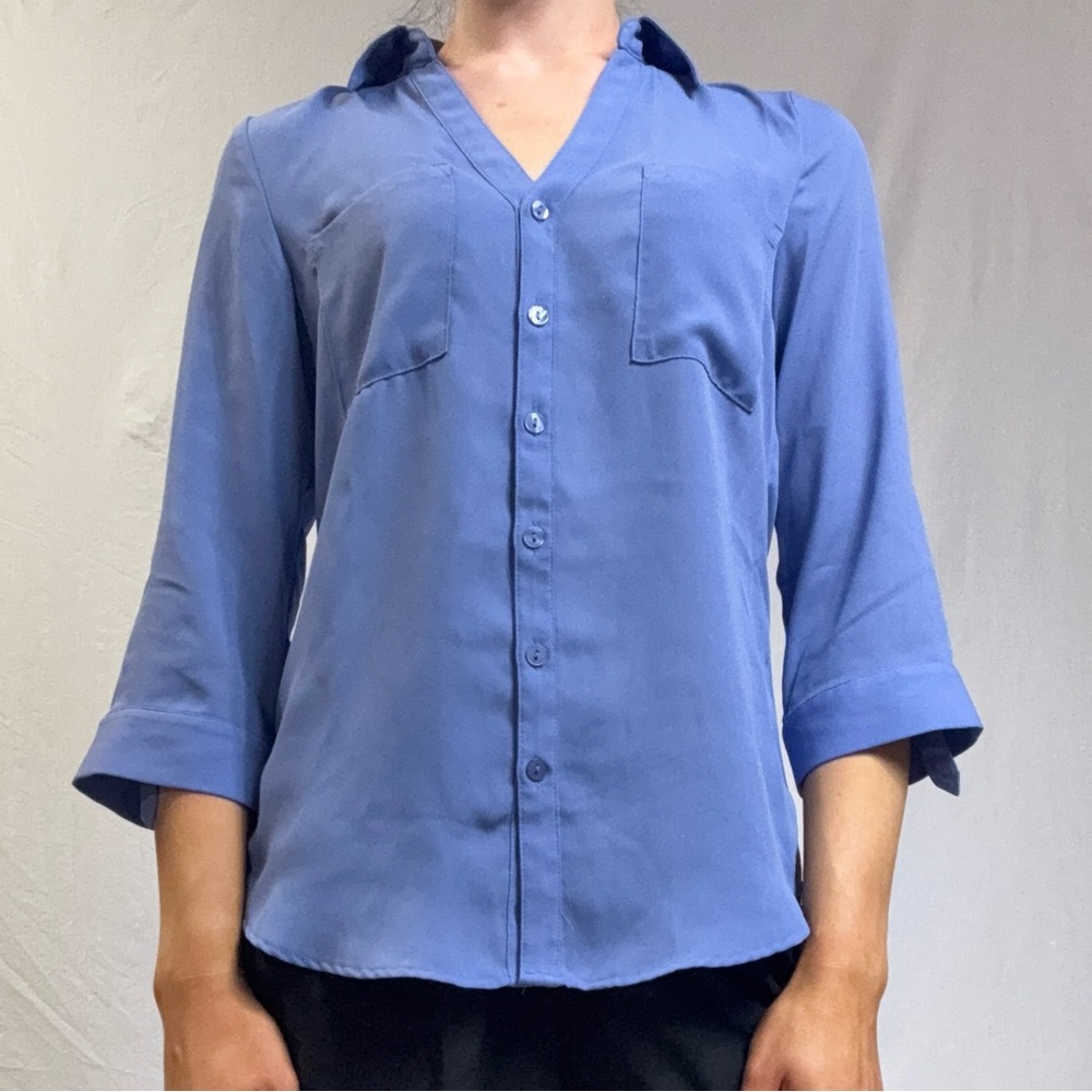 Blue V-Neck Button-Down Blouse - Women